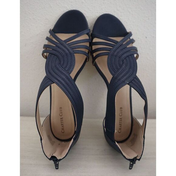 Charter Club Women's Sz 8 M Navy Ginifur 2 Faux Leather Strappy Wedge Sandals - Picture 9 of 11